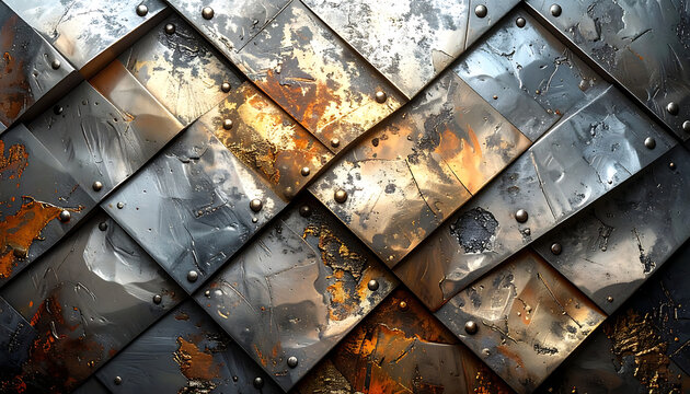 Rusted metal scale armor texture, riveted square plates, weathered industrial background, grunge effect, historical combat protection