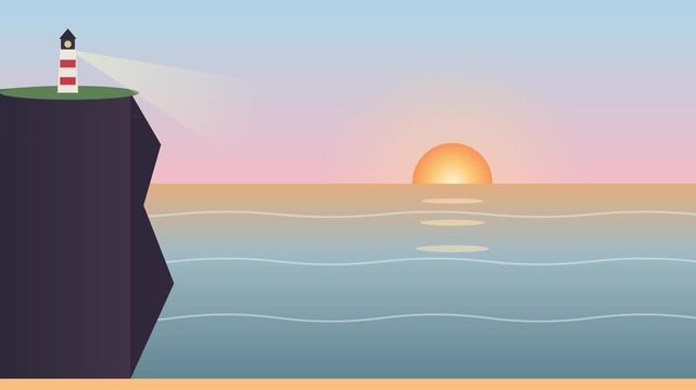 Minimalist vector illustration of a lighthouse on a cliff overlooking the ocean at sunset