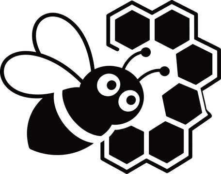 Black and white illustration of a bee next to a honeycomb pattern