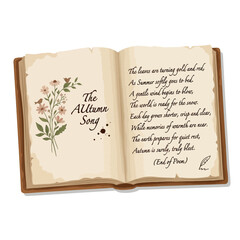 Fototapeta premium An open vintage book with a poem and Vector Set of flowers on a wooden table indoors