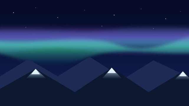 Minimalist vector illustration of snowcapped mountains under a night sky with aurora borealis and stars