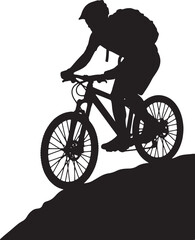 Fototapeta premium Silhouette illustration of a mountain biker riding downhill on a rugged terrain path.