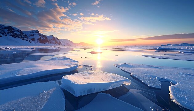 Stunning icy landscape under a radiant sunset with broken ice floes and distant mountains in a serene atmosphere