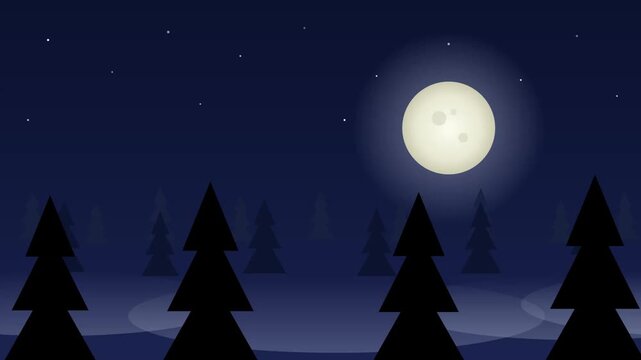 Full moon in the night sky over a dark forest with pine trees, minimalist vector illustration