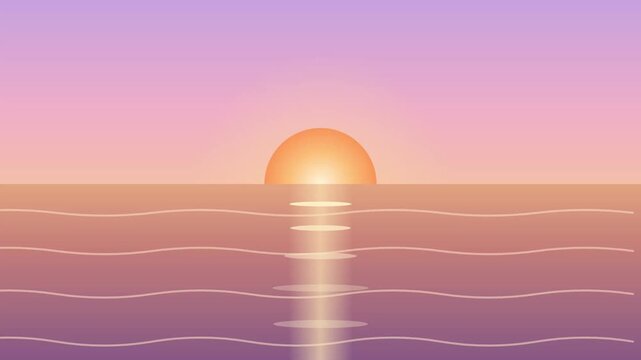 Minimalist vector illustration of a vibrant sunset or sunrise over the ocean with sun reflection on calm waves