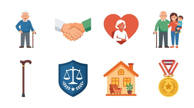 Vector Set of elderly people receiving support and care at home with legal protection and awards