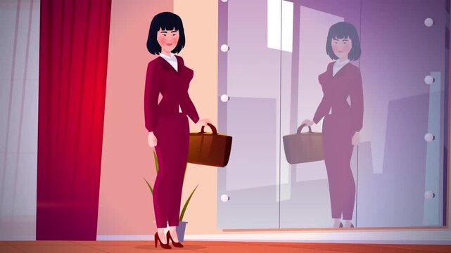 Professional Businesswoman checking Her Look in the Mirror. Success, Confidence, and Corporate Presentation Prep.