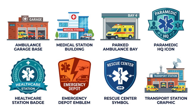 Vector Set of Emergency Response Icons Featuring Paramedic, Ambulance, and Medical Station Illustrations