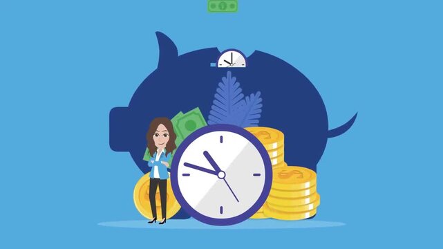 Wealth Management, Financial Savings, and Pension Planning Concept. Animated Piggy Bank, Clock, and Golden Coins.