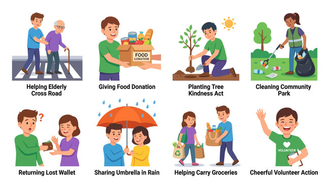 Vector Set of Volunteers Engaging in Various Community Service Activities Outdoors