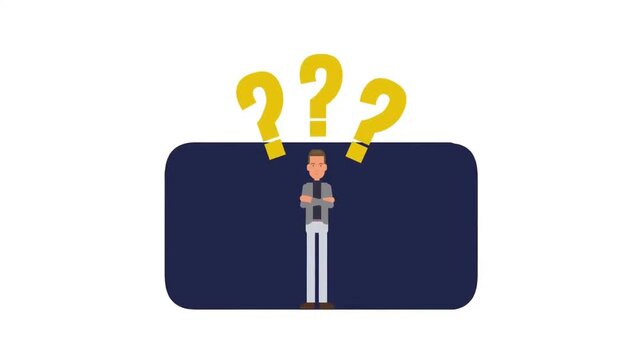 Confused Man with Question Marks. Decision Making, Problem Solving, and Uncertainty Concept Animation.