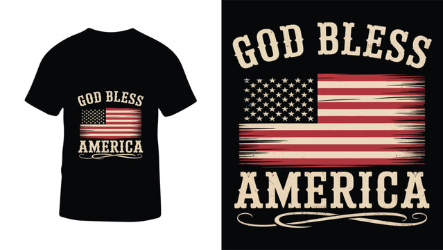 God bless america patriotic t shirt design featuring a distressed american flag graphic and vintage typography on a black background