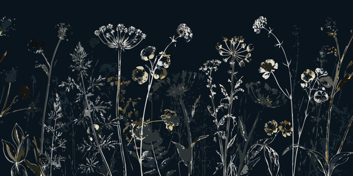 Dark floral pattern with sketched wildflowers on a black background