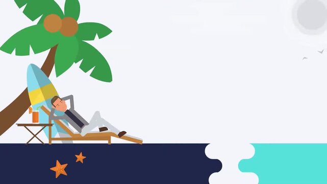 Businessman Relaxing on a Tropical Beach Chair. Work-Life Balance, Vacation, Retirement, and Financial Freedom Concept.