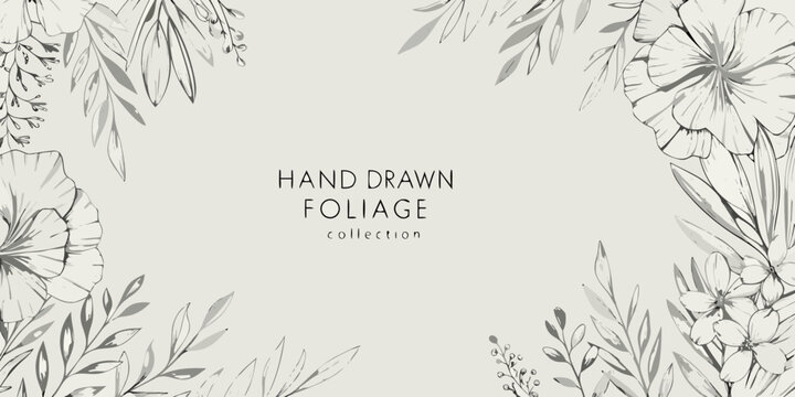 Floral ornament with sketched leaves and blossoms on a light background