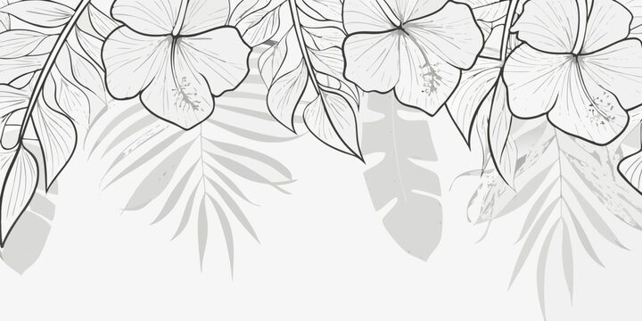 Floral ornament of hibiscus and monstera leaves grayscale vector illustration