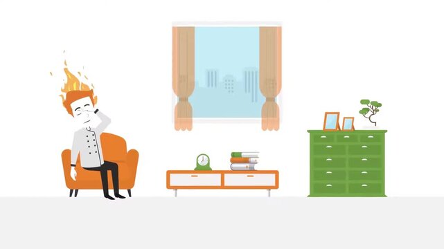 Stressed Man Sitting Alone in Living Room with Brain on Fire. Burnout, Mental Health, and Head Headache Concept.