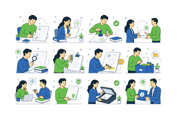 Fototapeta premium Signed Contract Document. Contract signing, document approval, legal paperwork, signature process, agreement review, verification, and office workflow. 12 minimalist editorial vector scenes: a