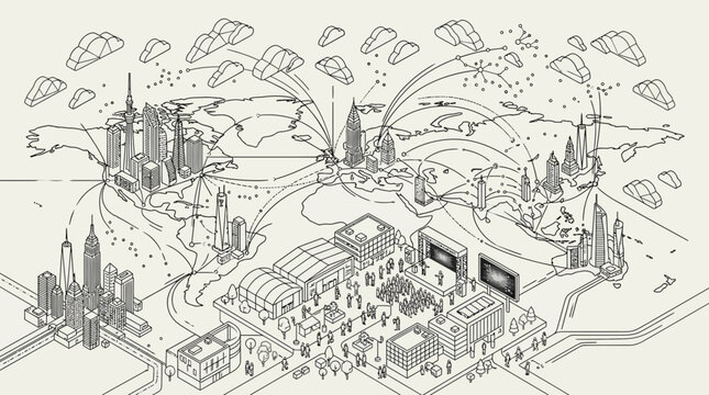 Global Connectivity: World Map with Cities, Networks, and Communication Lines, Isometric Sketch