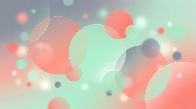 Abstract background with soft floating circles and bokeh lights in a pastel gradient of coral and teal
