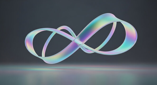 Iridescent infinite loop glows vibrantly on dark background with reflection