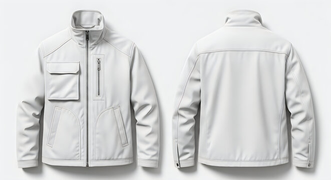 Front and back view of a white softshell jacket isolated on white background