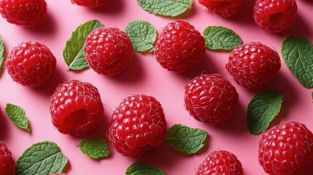 Fresh red raspberries and green mint leaves on pink background