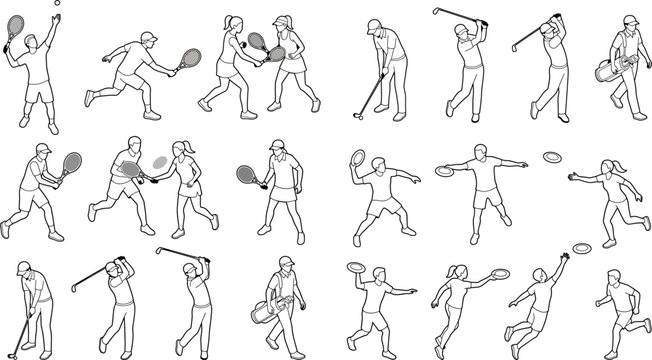 Set of isometric people playing tennis, golf and frisbee isolated on white background transparent background