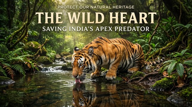 International Tiger Day: A majestic tiger, taking a refreshing drink, embodies the spirit of International Tiger Day, as a vibrant call to conserve these endangered species, nestled in a .
