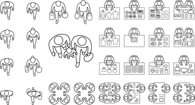 Top view of people walking and shopping in a mall, set of vector icons showing shoppers with bags, families, and customers at tables transparent background