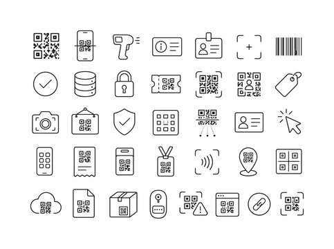 QR Code Scanning. Minimalistic set one-line drawing QR code, scanning phone, code scanner, information card, identification badge, scan frame, barcode, checkmark, database, secure lock, mobile ticket,