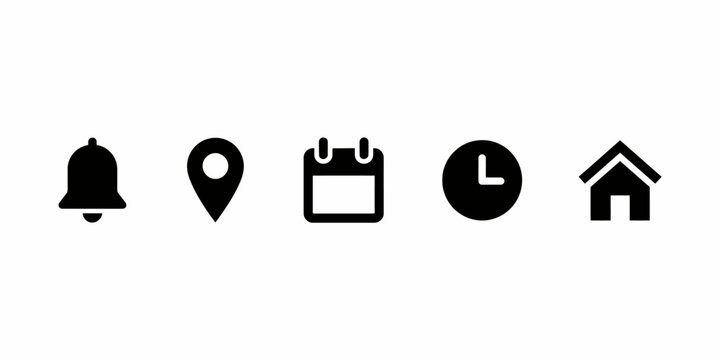 Black icons of bell location calendar clock and house on white