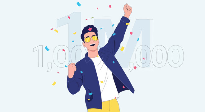 Young man celebrating with arms raised.