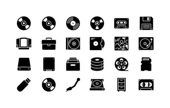 Archive Device Symbols. Solid glyph icon set of Media storage: optical disc, Blu ray disc, gramophone record, open reel, audio cassette, diskette, console cartridge, storage case, plastic case, vinyl
