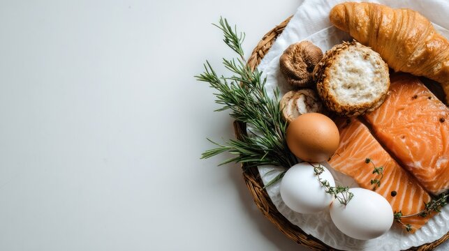 Culinary arrangement of salmon, eggs, mushroom, bread, and croissant