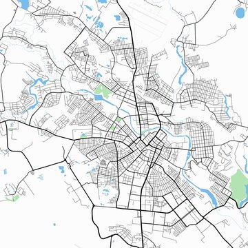 Minimal vector street map of Ivanovo, Ivanovo Oblast, Russia. Detailed urban city plan with roads, highways, residential districts, river landscape, and surrounding natural areas. Modern cartography s