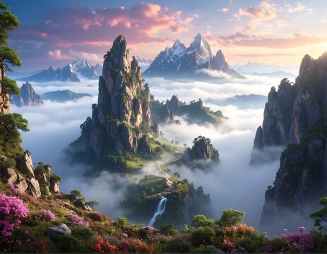 Stunning vista of mountains rising above a sea of clouds, with a winding path and a waterfall. Dawn and lush flora