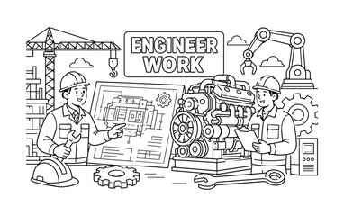 Obraz premium Engineering Machinery Industry. Clean outline line art banner with one wide engineering industry scene, two engineers beside oversized blueprint and giant machine engine, small details hard hat,