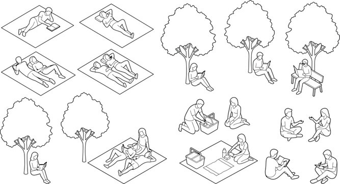 Set of isometric people relaxing in the park, reading books, having a picnic, sitting on blankets and benches under trees transparent background