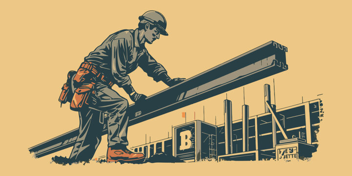 Vintage construction worker carrying steel beam at building site retro industrial vector illustration.