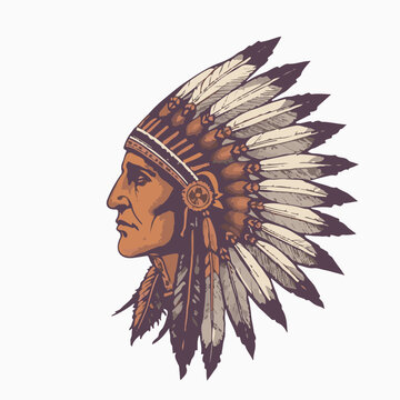 Native American chief profile wearing traditional feather headdress vector illustration.
