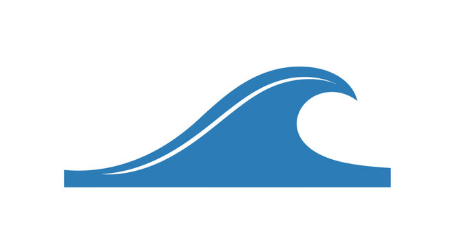 A simple blue graphic illustration of a single ocean wave