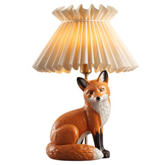 Fototapeta premium Decorative table lamp with a realistic sitting fox figure base and pleated fabric shade isolated on transparent background.