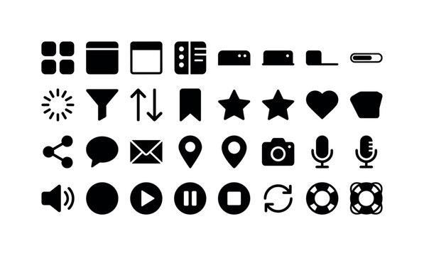 Mobile App Controls. Solid glyph icon set of basic user interface controls: app tile, browser window, modal window, sidebar panel, navigation tab, progress bar, loading spinner, filter funnel, sort