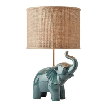 Decorative teal elephant-shaped table lamp with a linen shade isolated on transparent background