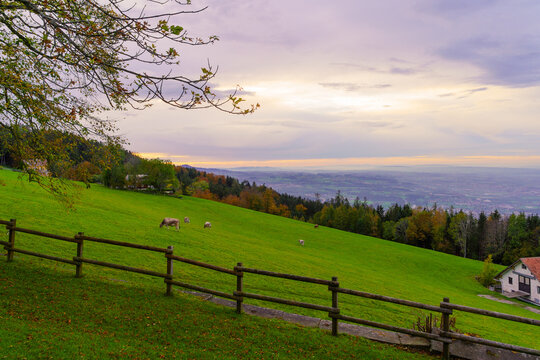 Sunset view of countryside, in northeast Switzerland