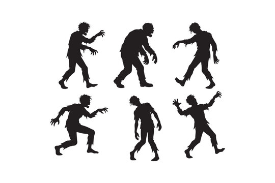 Spooky zombie silhouettes set, walking dead characters vector collection for halloween design isolated on white background