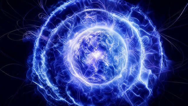 Turbulent swirling sphere of ultra-dense plasma glowing with blinding electric blue and violet light. Superheated helium fusion and chaotic magnetic field lines in a dark void
