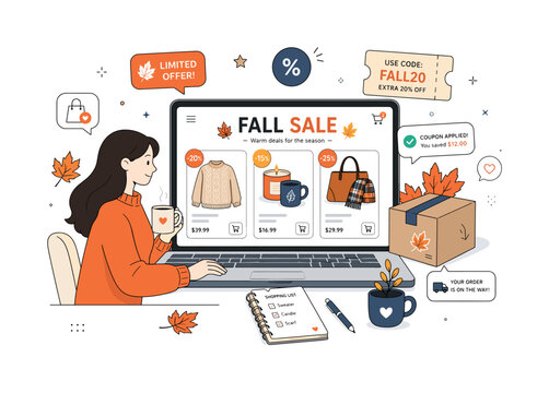 Online fall sale. A character shops on a laptop with clean product tiles, coupon codes, and a soft ?limited offer? label on the screen. Autumn leaves, package icons, and friendly notification bubbles