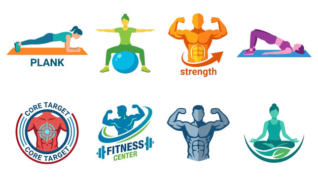 A vibrant Vector Set of fitness icons depicting various exercises and symbols for a gym or workout routine in a colorful illustration.